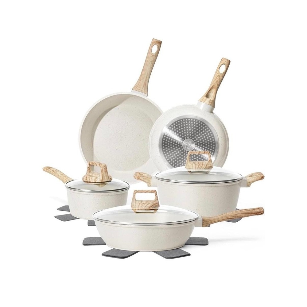 SODAY White Granite 12 Piece Nonstick Cookware Pots Pans Induction Lids Set